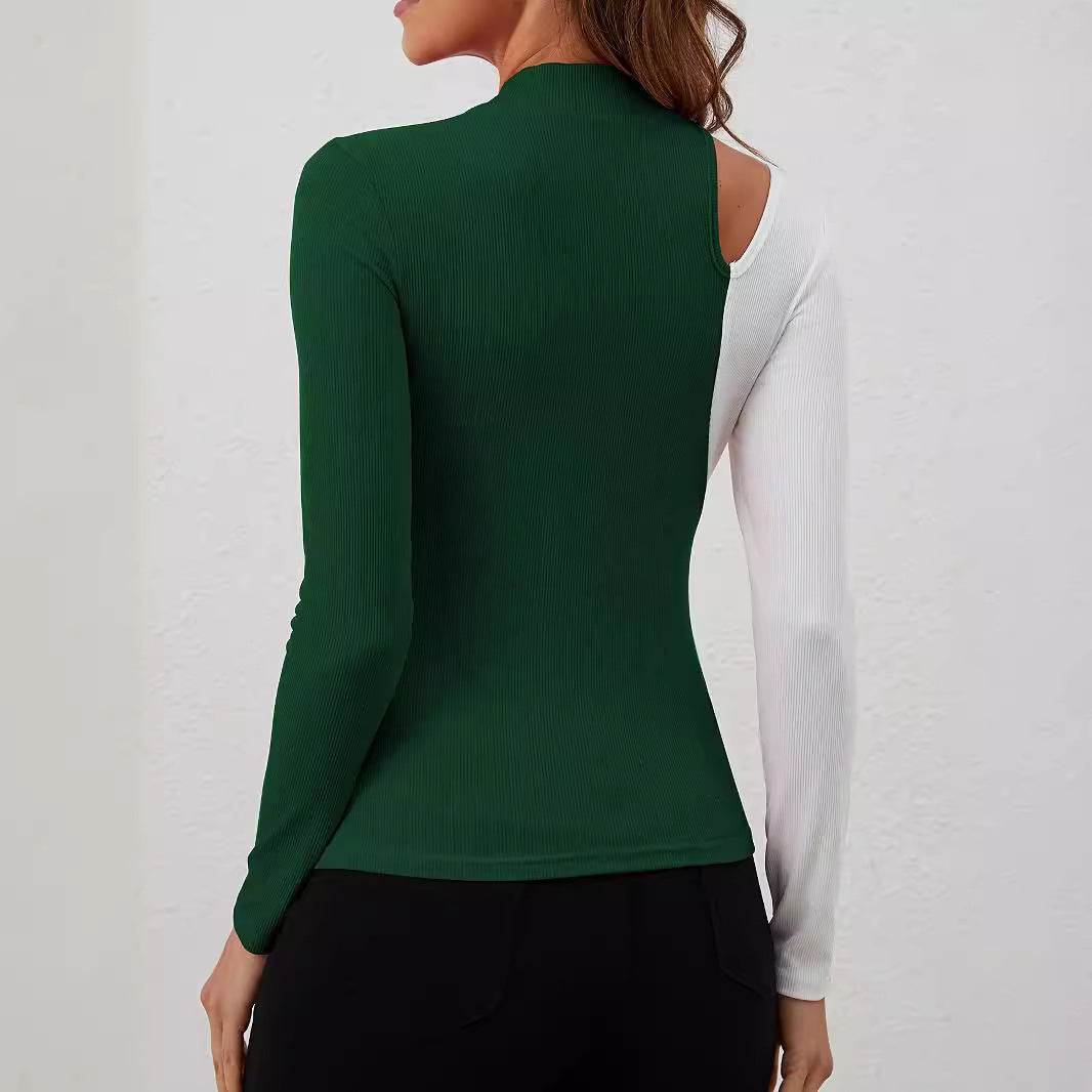 Color Contrast Patchwork Small Stand Collar T-shirt Slim Long Sleeve Top