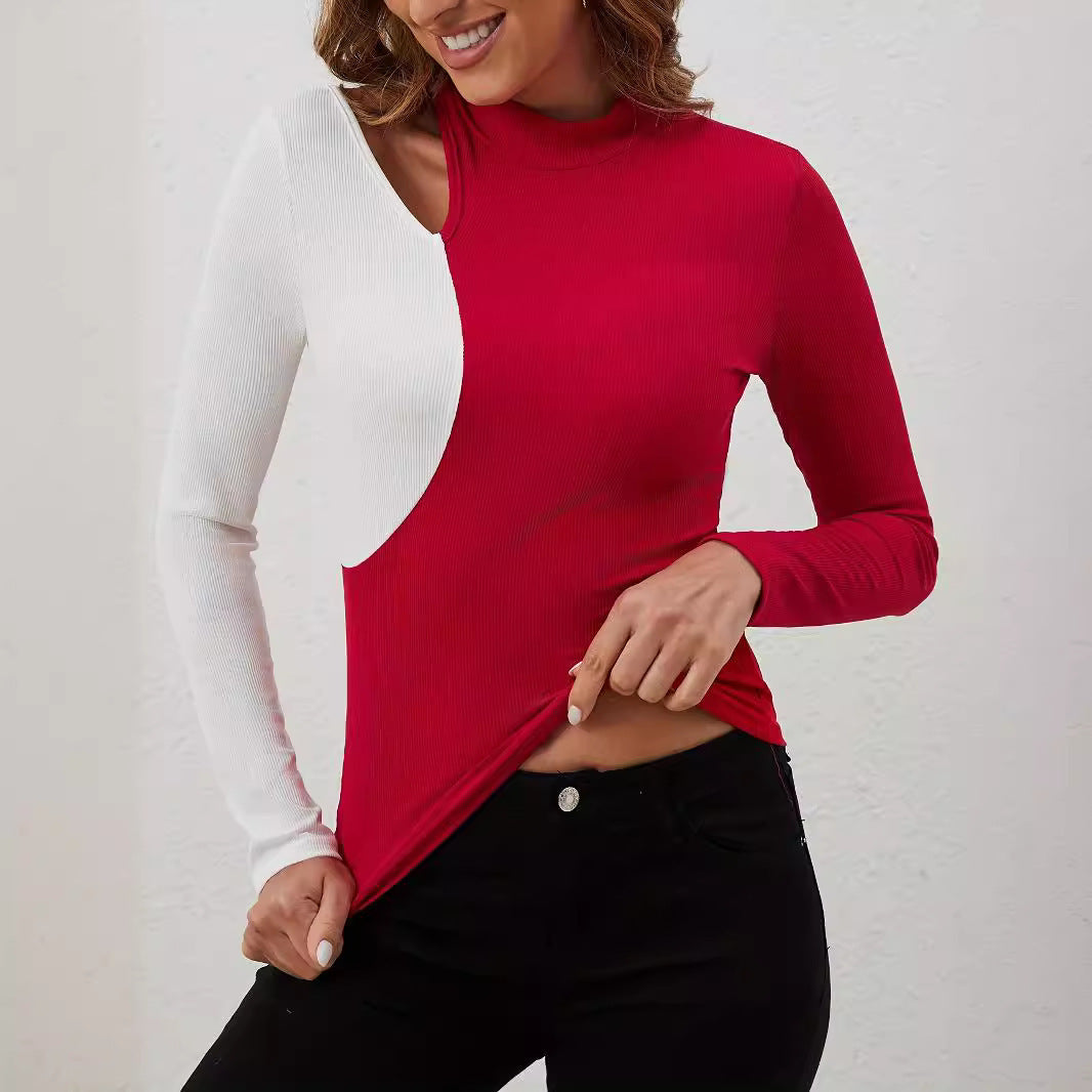 Color Contrast Patchwork Small Stand Collar T-shirt Slim Long Sleeve Top
