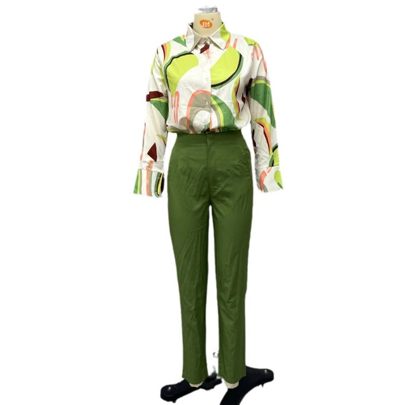 Printed Shirt Slim Trousers Casual Two-piece Suit